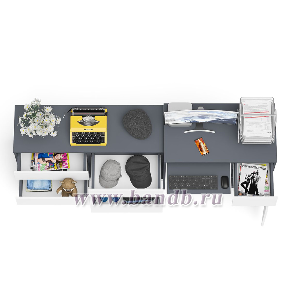 Компьютерный стол МС-1 с дверкой и ящиком справа и комодом на 1200 6 ящиков Мори цвет графит/белый Картинка № 8