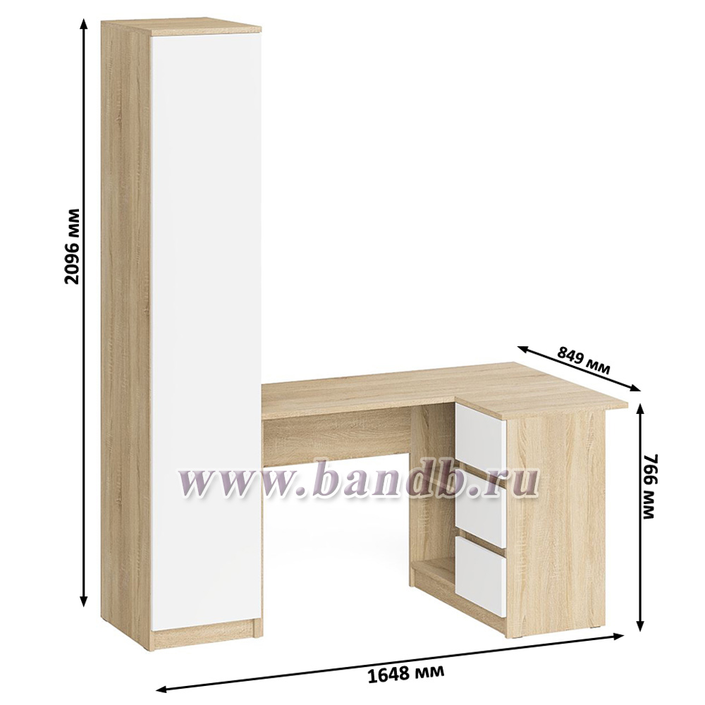 Пенал Мори 400 с угловым компьютерным столом МС-16 три ящика справа цвет дуб сонома/белый Картинка № 9