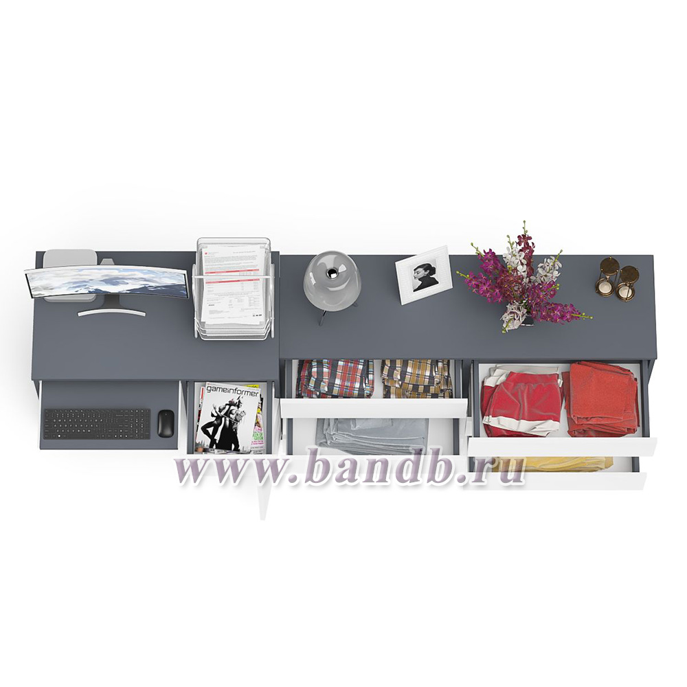 Комод Мори МК1380 6 выдвижных ящиков с компьютерным столом МС-1 правый цвет графит/белый Картинка № 6
