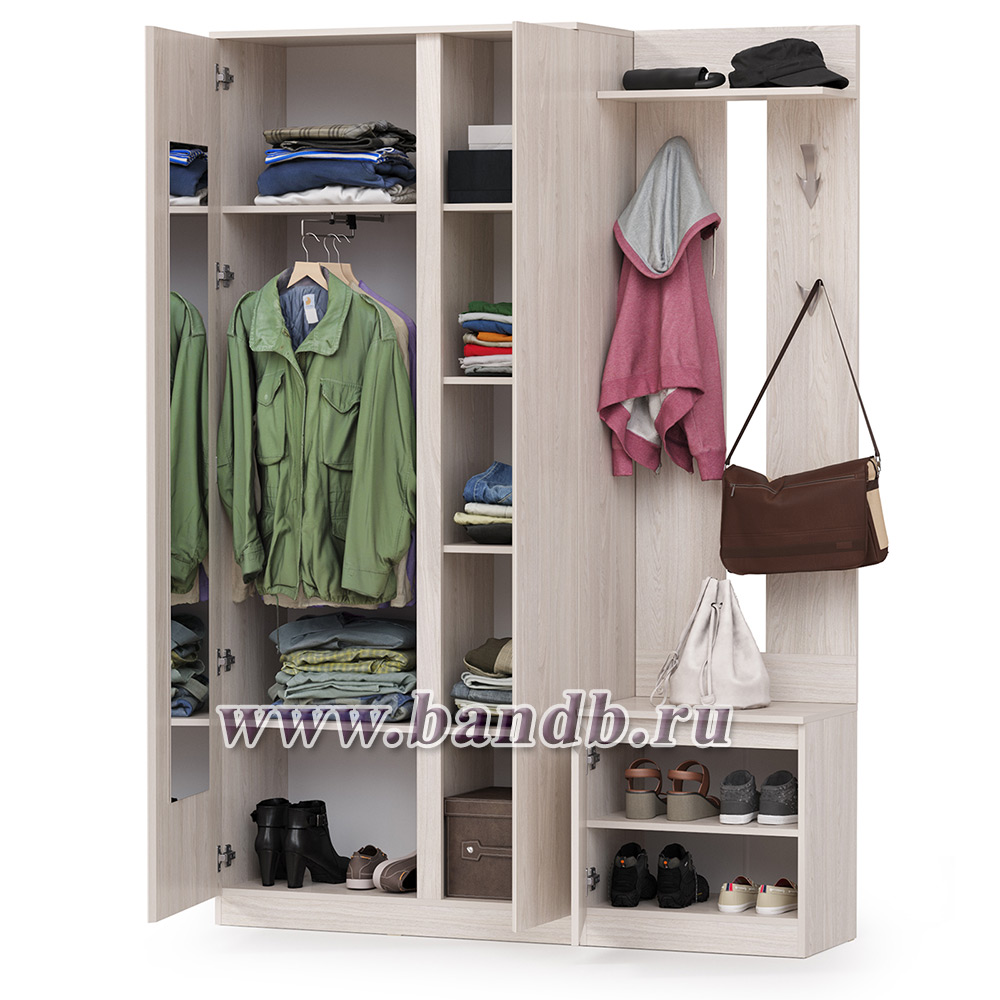 Шкаф комбинированный и обувница с вешалкой для верхней одежды Ника цвет ясень анкор светлый Картинка № 2