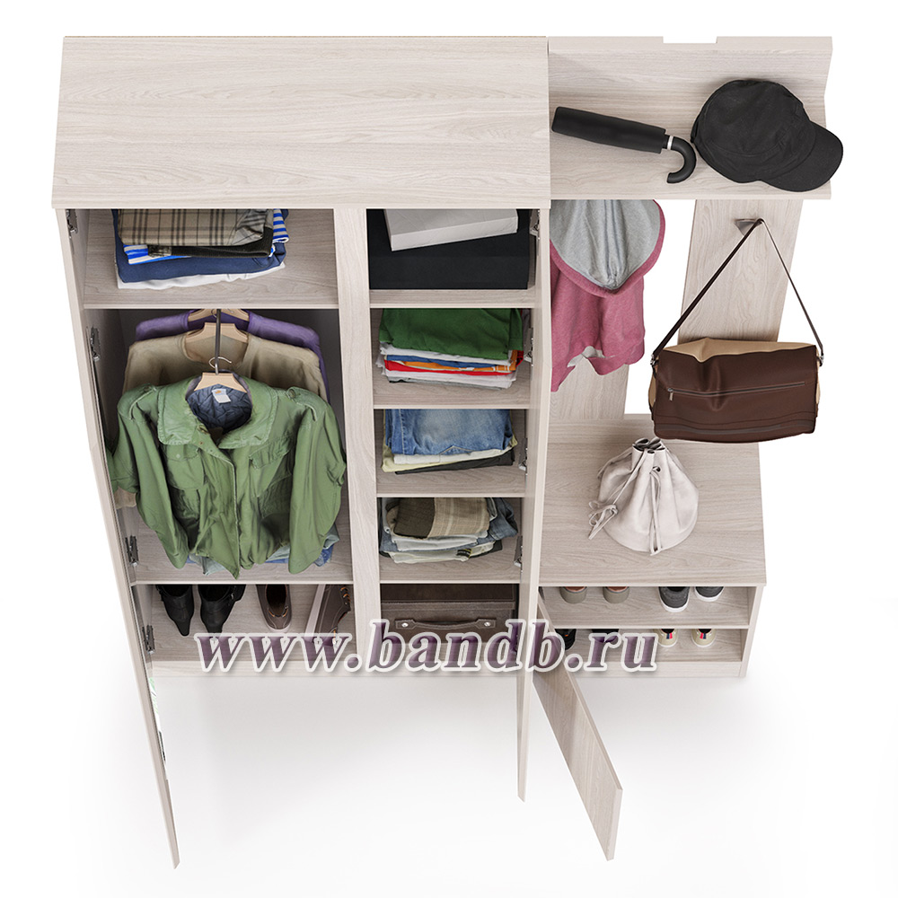 Шкаф комбинированный и обувница с вешалкой для верхней одежды Ника цвет ясень анкор светлый Картинка № 4