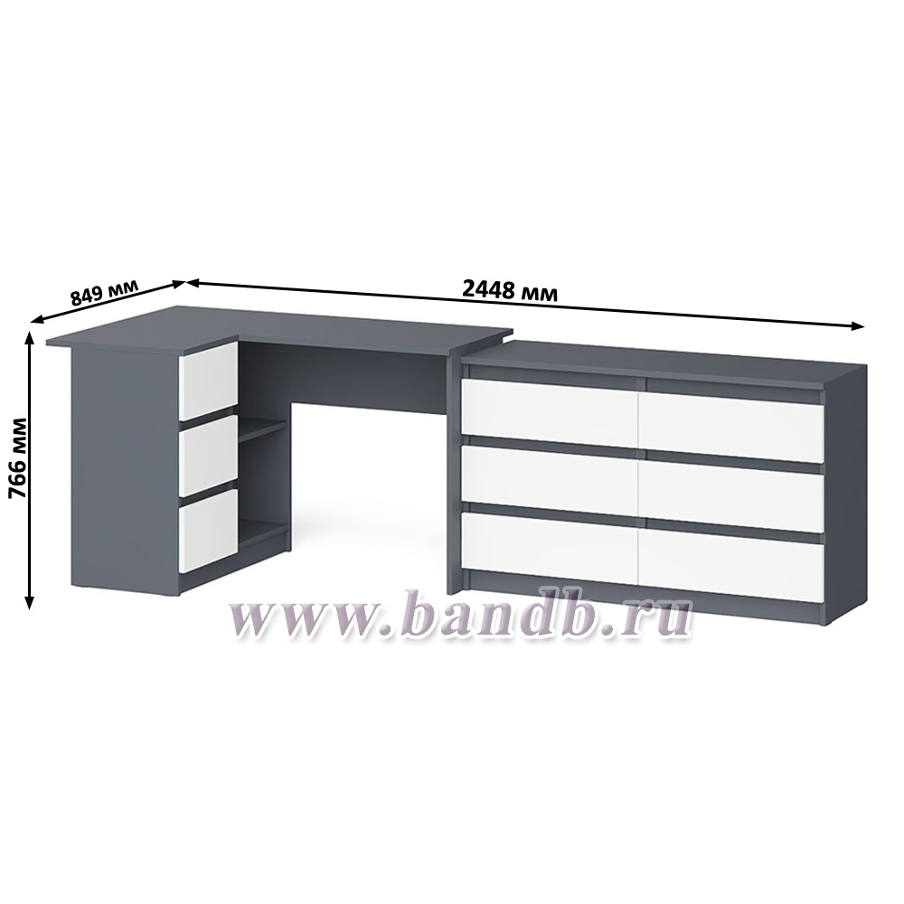 Комод Мори модель МК1200.6 со столом компьютерным угловым МС-16 левым цвет графит/белый Картинка № 9
