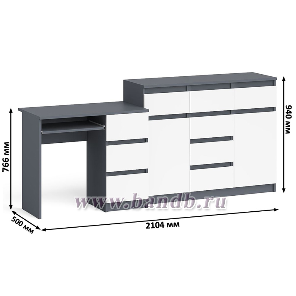 Комод-тумба Мори 1200 и компьютерный стол Мори МС-6 правый цвет графит/белый Картинка № 9