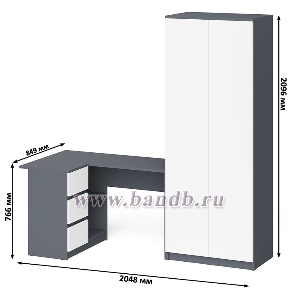 Шкаф двухдверный Мори МШ800 и угловой компьютерный стол МС-16 3 ящика слева цвет графит/белый Картинка № 9