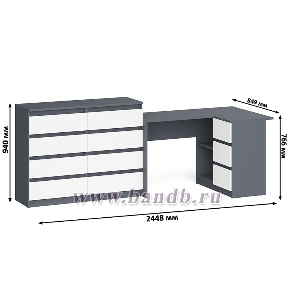 Компьютерный стол МС-16 правый с комодом МК1200 8 ящиков Мори цвет графит/белый Картинка № 9