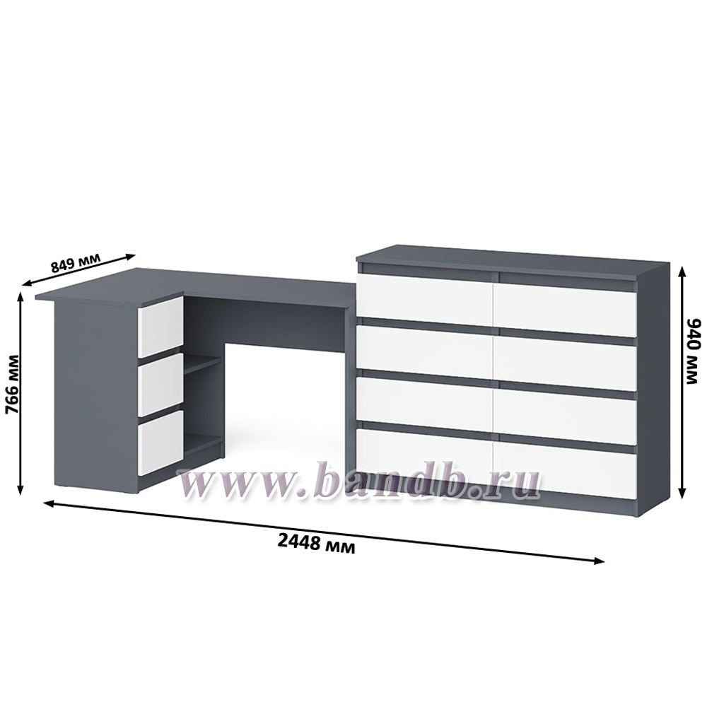 Стол компьютерный МС-16 левый с комодом МК1200 8-мь ящиков Мори цвет графит/белый Картинка № 9