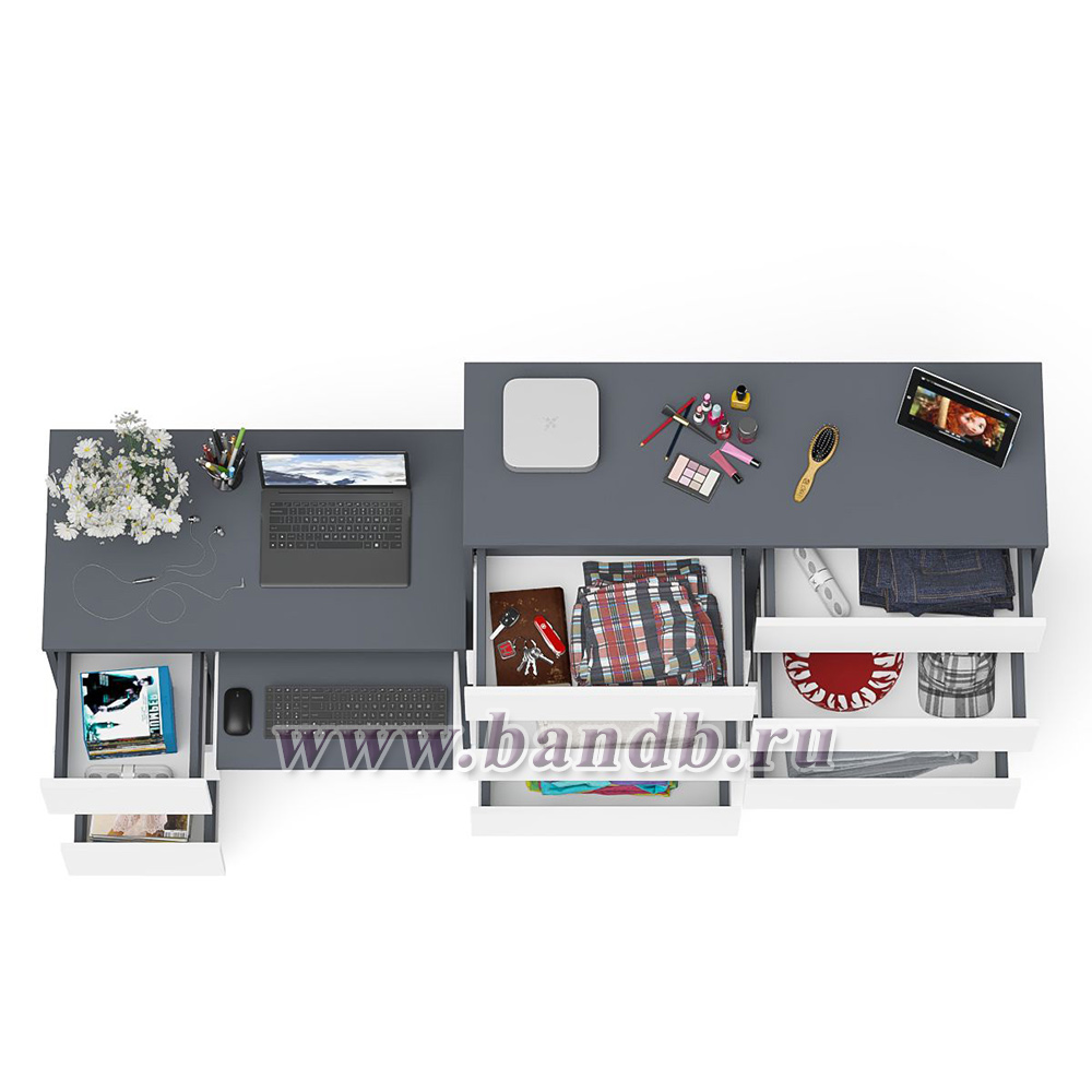 Компьютерный стол с тремя выдвижными ящиками левый с комодом 10-ть ящиков Мори цвет графит/белый Картинка № 8