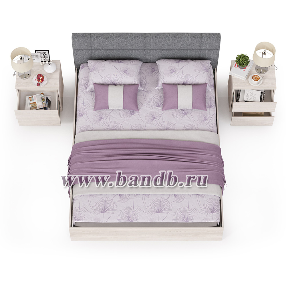 Двуспальная кровать с мягкой спинкой с основанием и двумя тумбочками Ника цвет ясень анкор светлый Картинка № 4