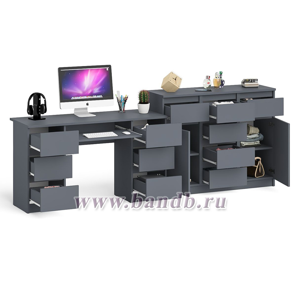 Двухтумбовый стол компьютерный МС-2 с ящиками и тумба-комод МК1200.4 Мори цвет графит Картинка № 2