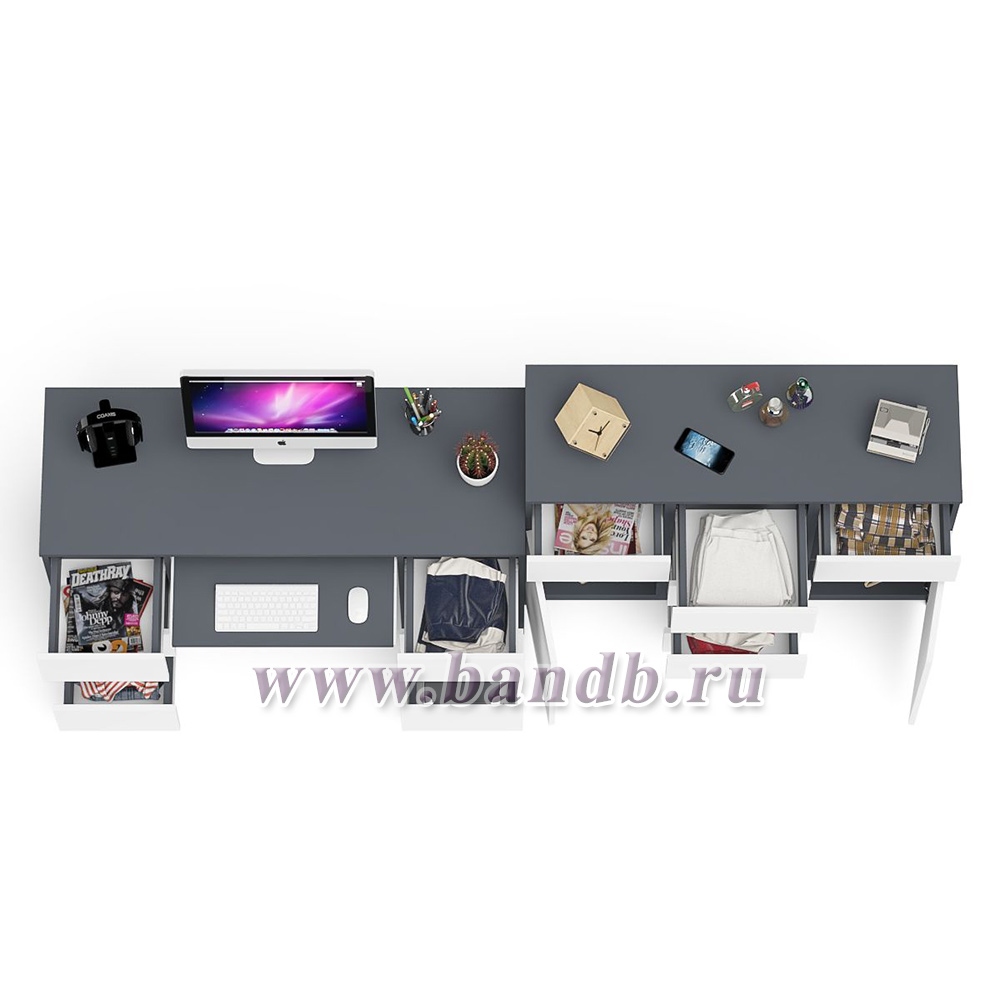 Двухтумбовый стол компьютерный МС-2 с ящиками и тумба-комод МК1200.4 Мори цвет графит/белый Картинка № 4