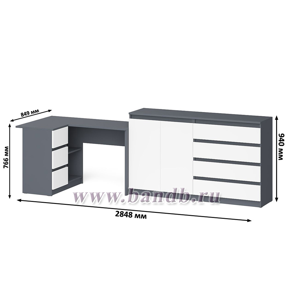 Угловой стол компьютерный левый МС-16 с комодом-тумбой 1600 Мори цвет графит/белый Картинка № 9