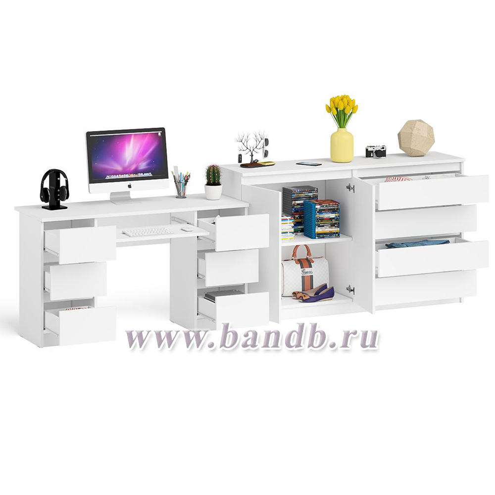 Компьютерный двухтумбовый стол с панелью для клавиатуры с тумбой-комодом 1600 Мори цвет белый Картинка № 2