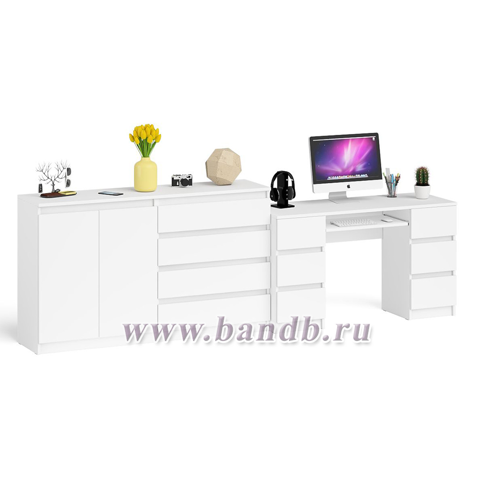 Компьютерный двухтумбовый стол с панелью для клавиатуры с тумбой-комодом 1600 Мори цвет белый Картинка № 3