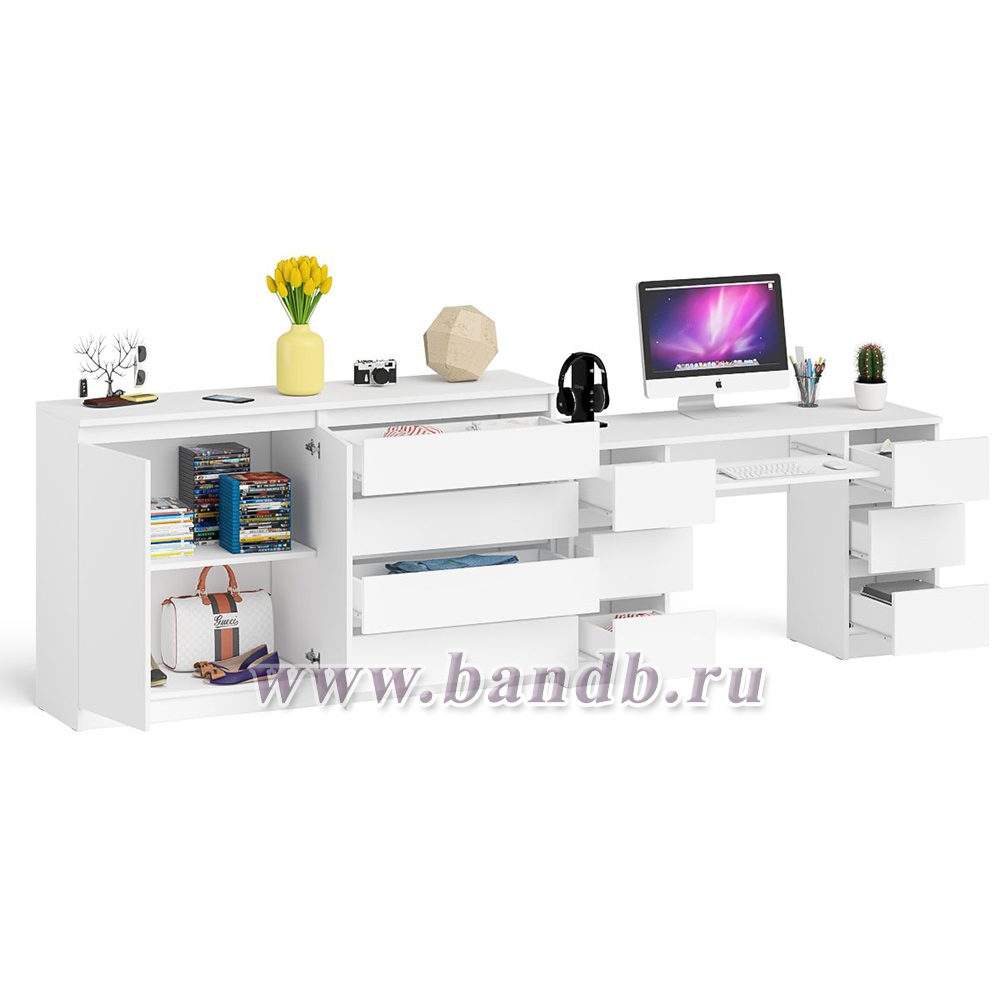Компьютерный двухтумбовый стол с панелью для клавиатуры с тумбой-комодом 1600 Мори цвет белый Картинка № 4