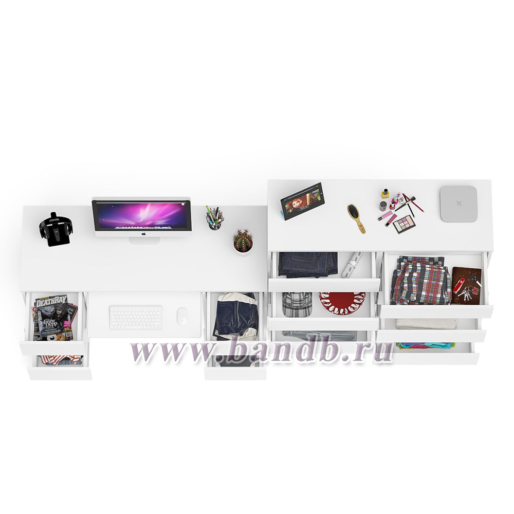 Компьютерный стол с панелью для клавиатуры МС-2 с комодом МК-1200 10 ящиков Мори цвет белый Картинка № 4
