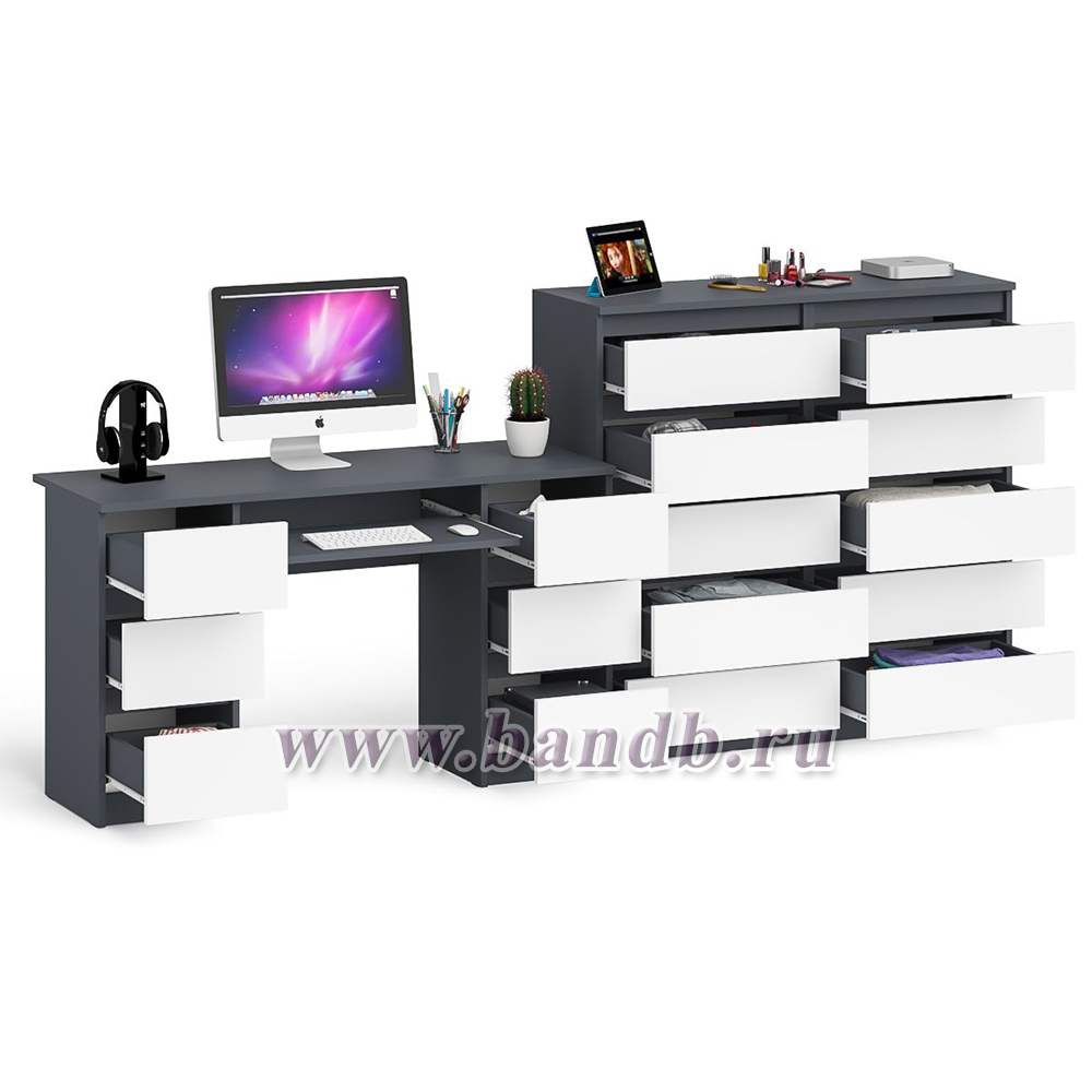 Компьютерный стол с панелью для клавиатуры МС-2 с комодом МК-1200 10 ящиков Мори цвет графит/белый Картинка № 2