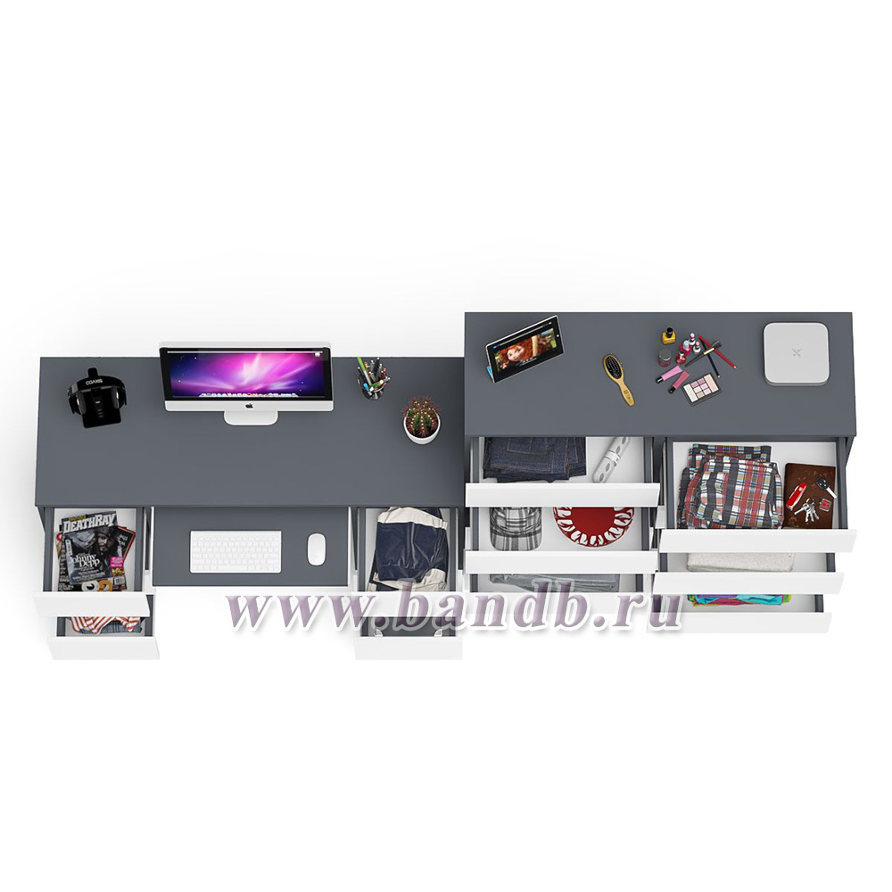 Компьютерный стол с панелью для клавиатуры МС-2 с комодом МК-1200 10 ящиков Мори цвет графит/белый Картинка № 4