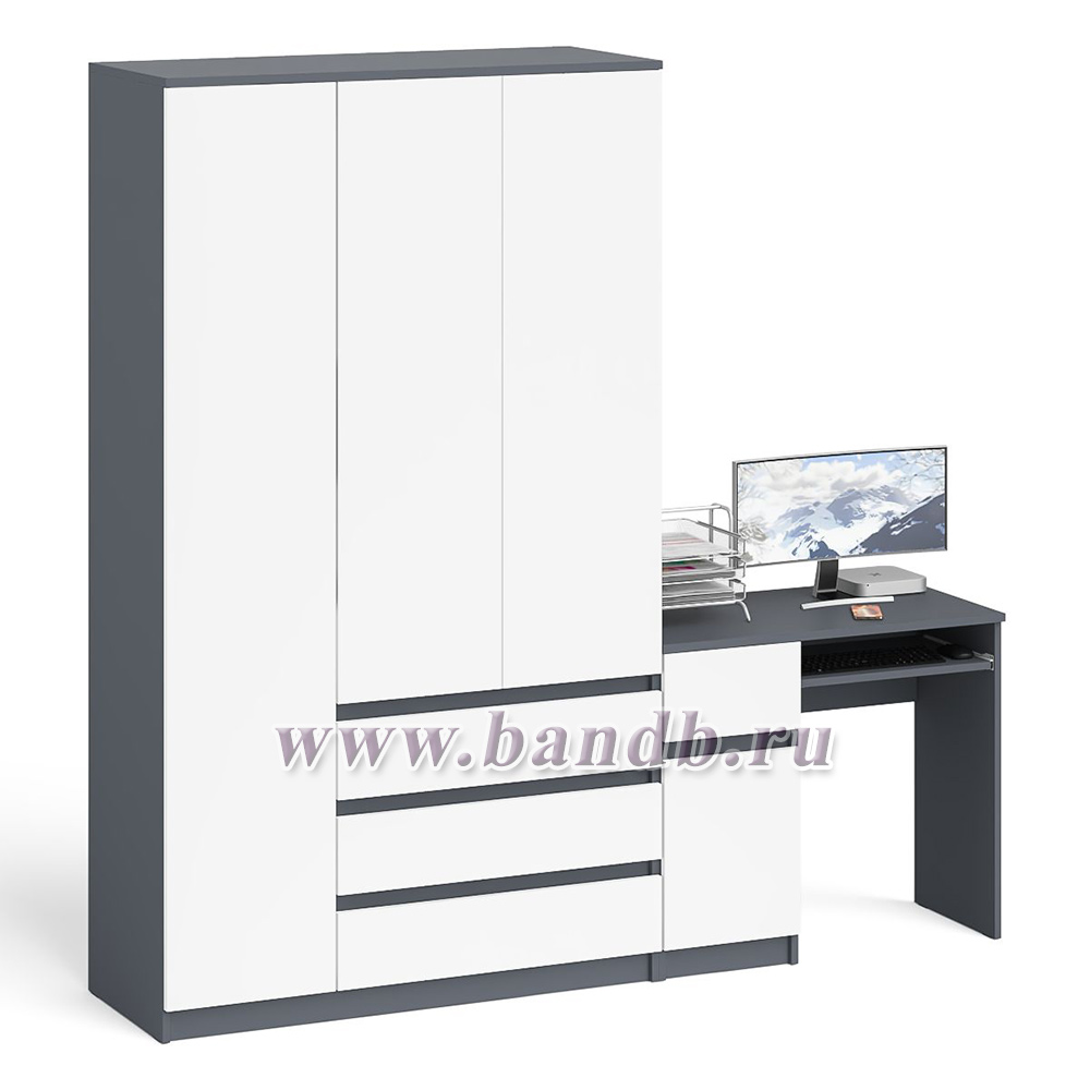 Мори компьютерный стол с тумбой с дверкой и ящиком правый и шкаф-комод МШ1200-1 цвет графит/белый Картинка № 3