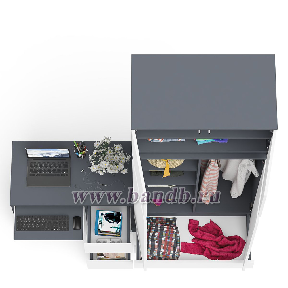 Стол однотумбовый компьютерный МС-6 правый с шкаф-комодом 900 с антресолью Мори цвет графит/белый Картинка № 6
