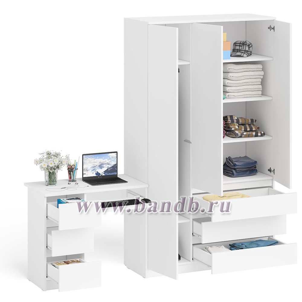 Компьютерный стол МС-6 левый и шкаф-комод с дверкой и тремя ящиками МШ-1200-1 Мори цвет белый Картинка № 2