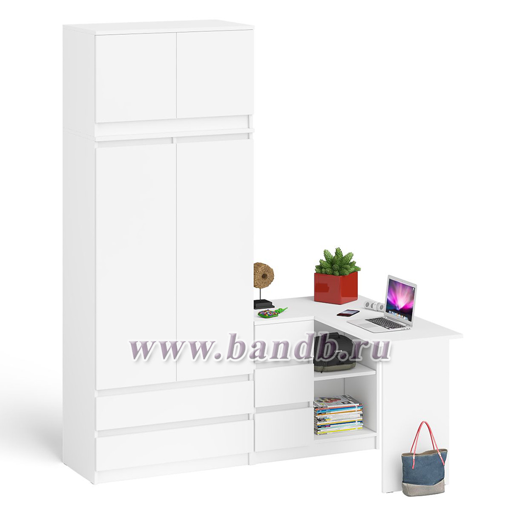 Компьютерный угловой стол - тумба слева со шкафом-комодом и антресолью Мори цвет белый Картинка № 3
