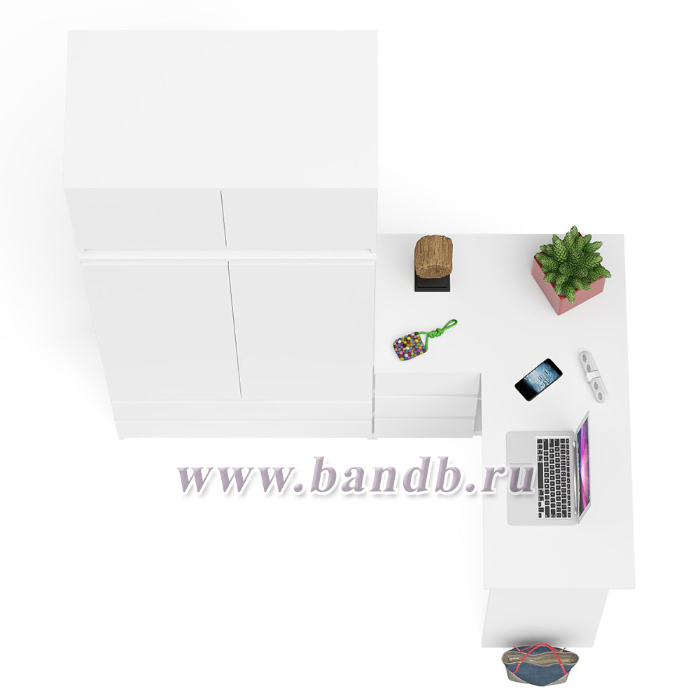 Компьютерный угловой стол - тумба слева со шкафом-комодом и антресолью Мори цвет белый Картинка № 7
