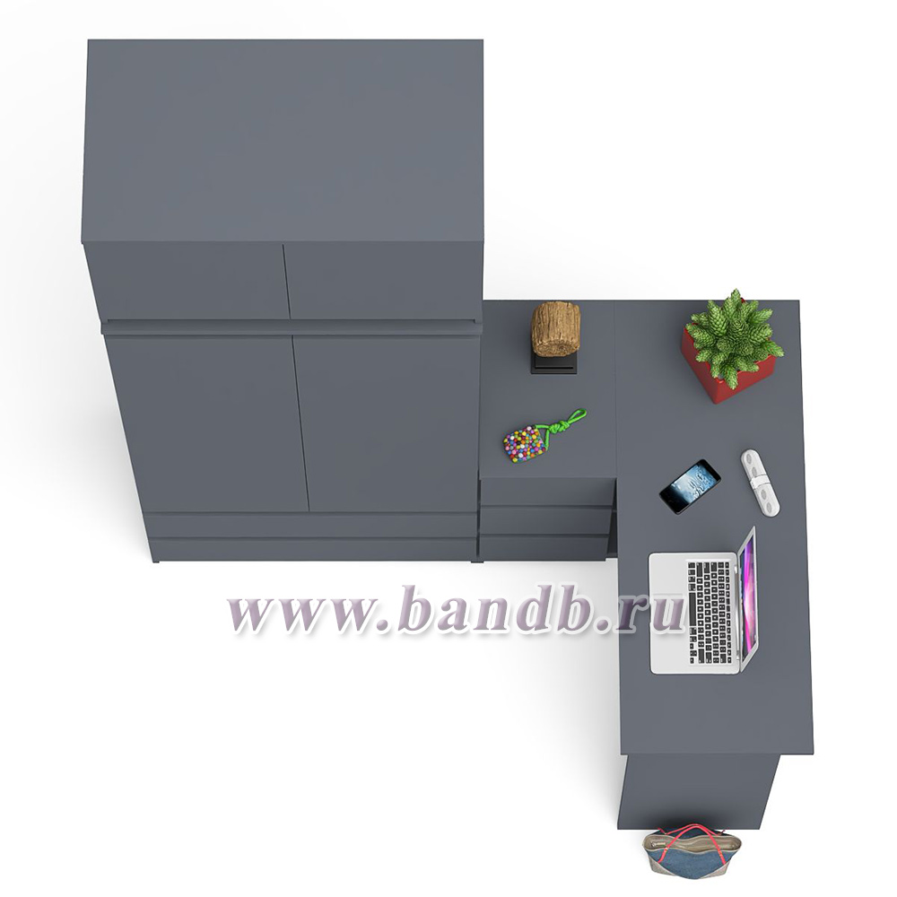 Компьютерный угловой стол - тумба слева со шкафом-комодом и антресолью Мори цвет графит Картинка № 7