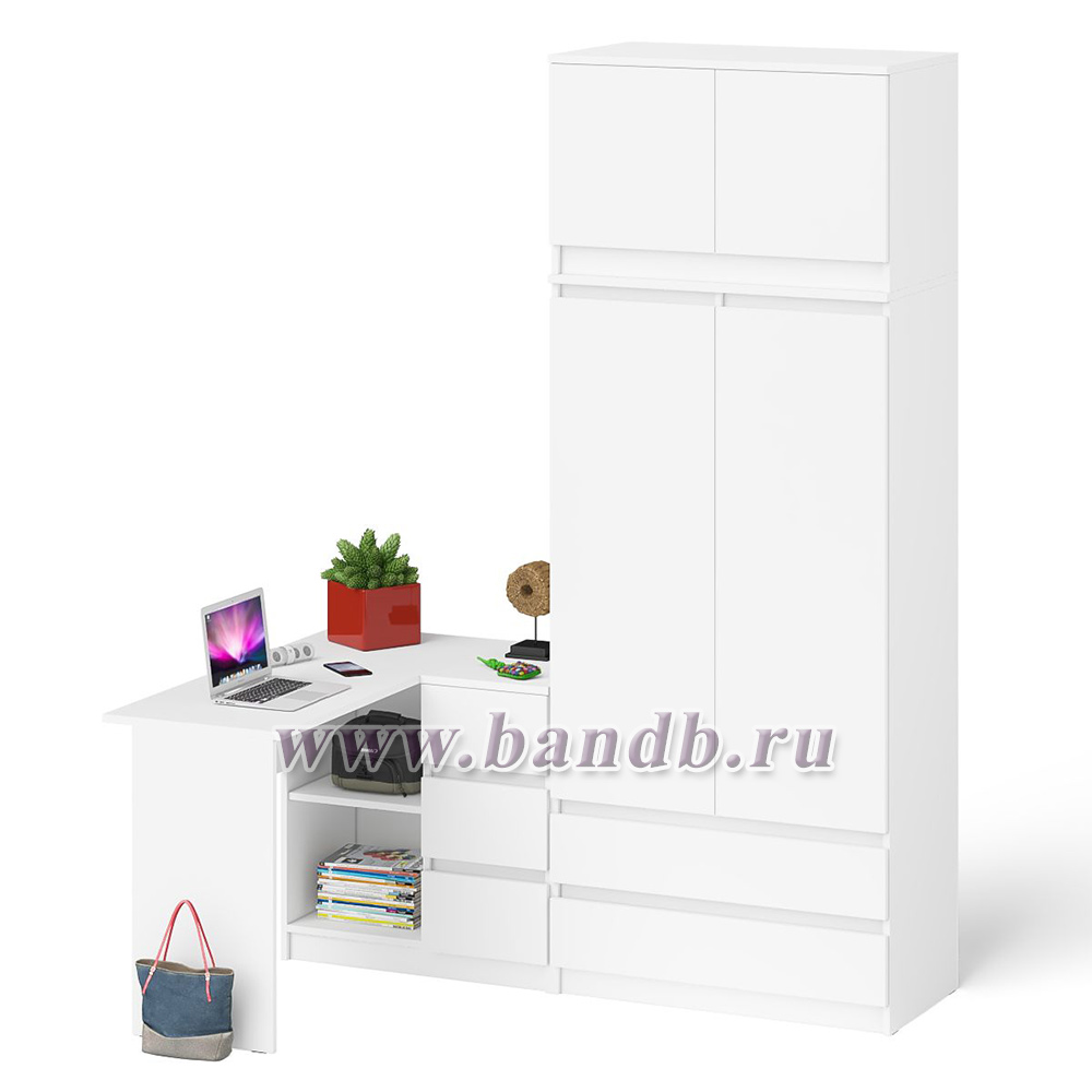 Угловой компьютерный стол - тумба справа со шкафом-комодом и антресолью Мори цвет белый Картинка № 3
