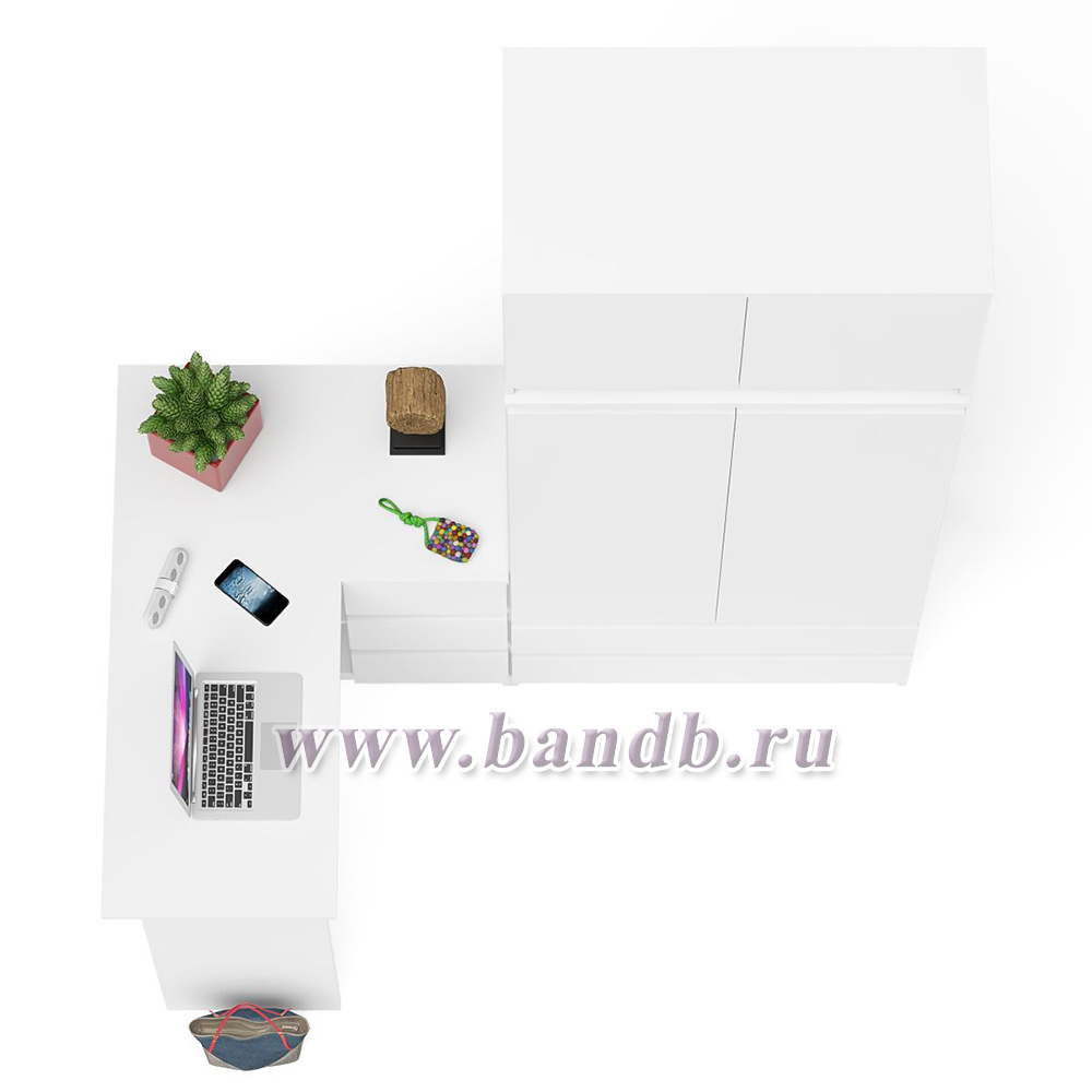 Угловой компьютерный стол - тумба справа со шкафом-комодом и антресолью Мори цвет белый Картинка № 7