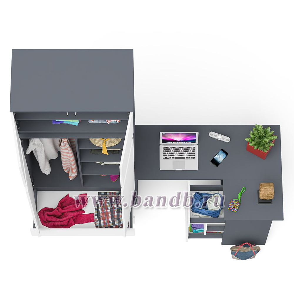 Угловой компьютерный стол - тумба справа со шкафом-комодом и антресолью Мори цвет графит/белый Картинка № 6