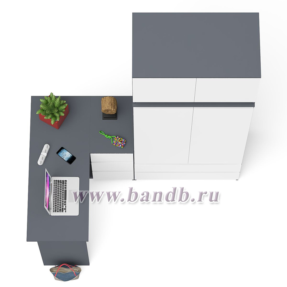Угловой компьютерный стол - тумба справа со шкафом-комодом и антресолью Мори цвет графит/белый Картинка № 7