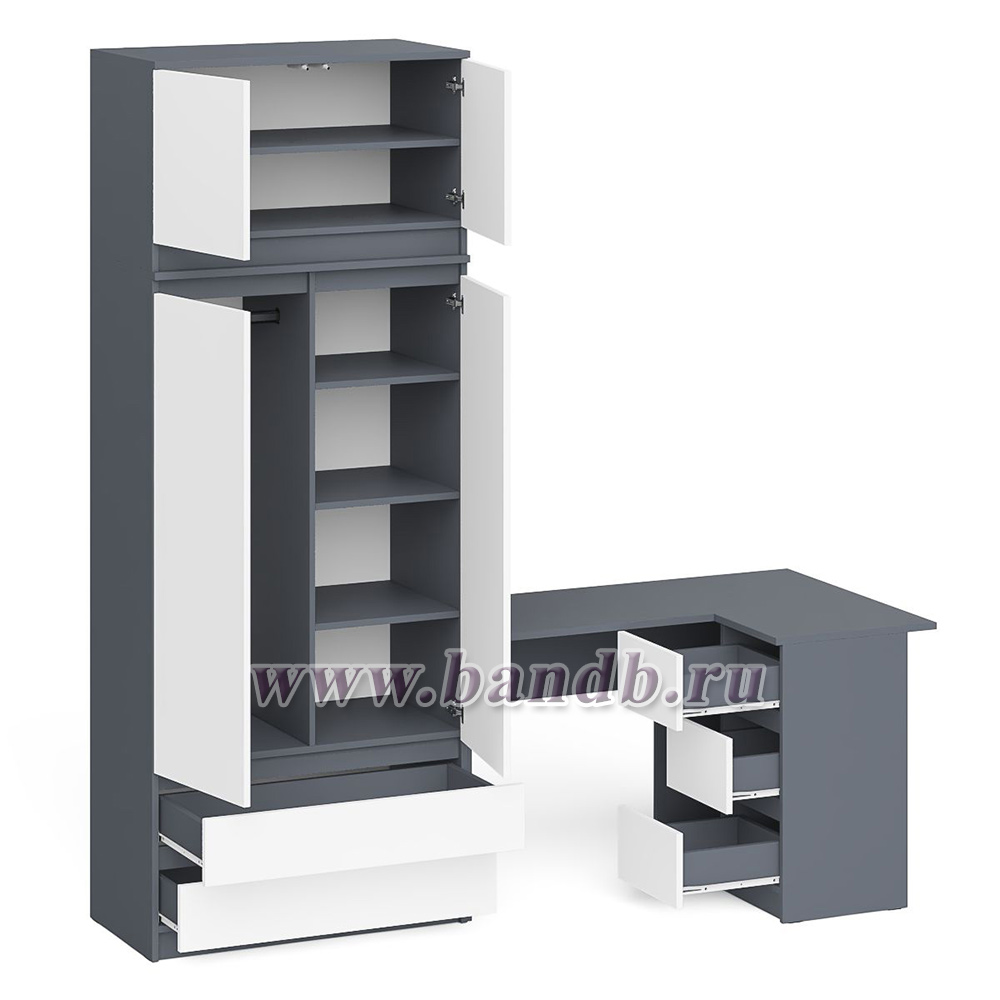Угловой компьютерный стол - тумба справа со шкафом-комодом и антресолью Мори цвет графит/белый Картинка № 12