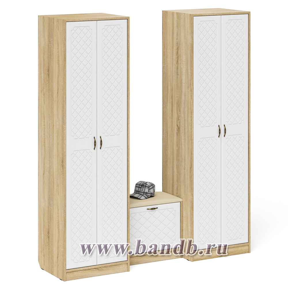 Два шкафа с дверками и обувница с сиденьем П-6 цвет дуб сонома/фасады МДФ белое дерево фрезеровка ромб Картинка № 3