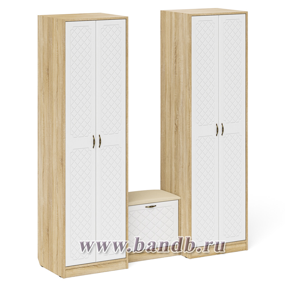 Два шкафа с дверками и обувница с сиденьем П-6 цвет дуб сонома/фасады МДФ белое дерево фрезеровка ромб Картинка № 7
