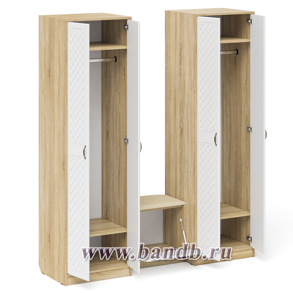 Два шкафа с дверками и обувница с сиденьем П-6 цвет дуб сонома/фасады МДФ белое дерево фрезеровка ромб Картинка № 8