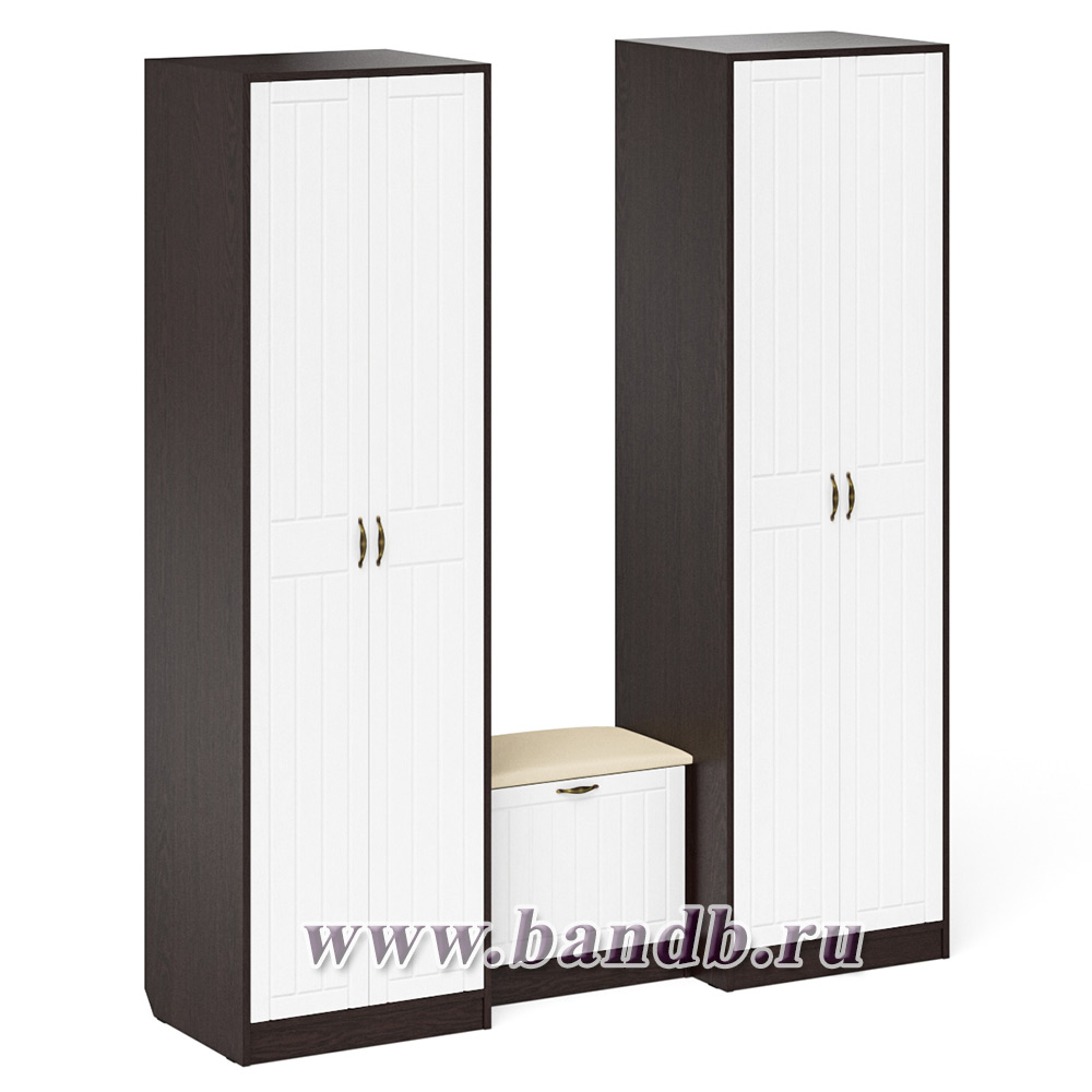 Два шкафа с дверками и обувница с сиденьем П-6 цвет венге/фасады МДФ белое дерево фрезеровка прованс Картинка № 7