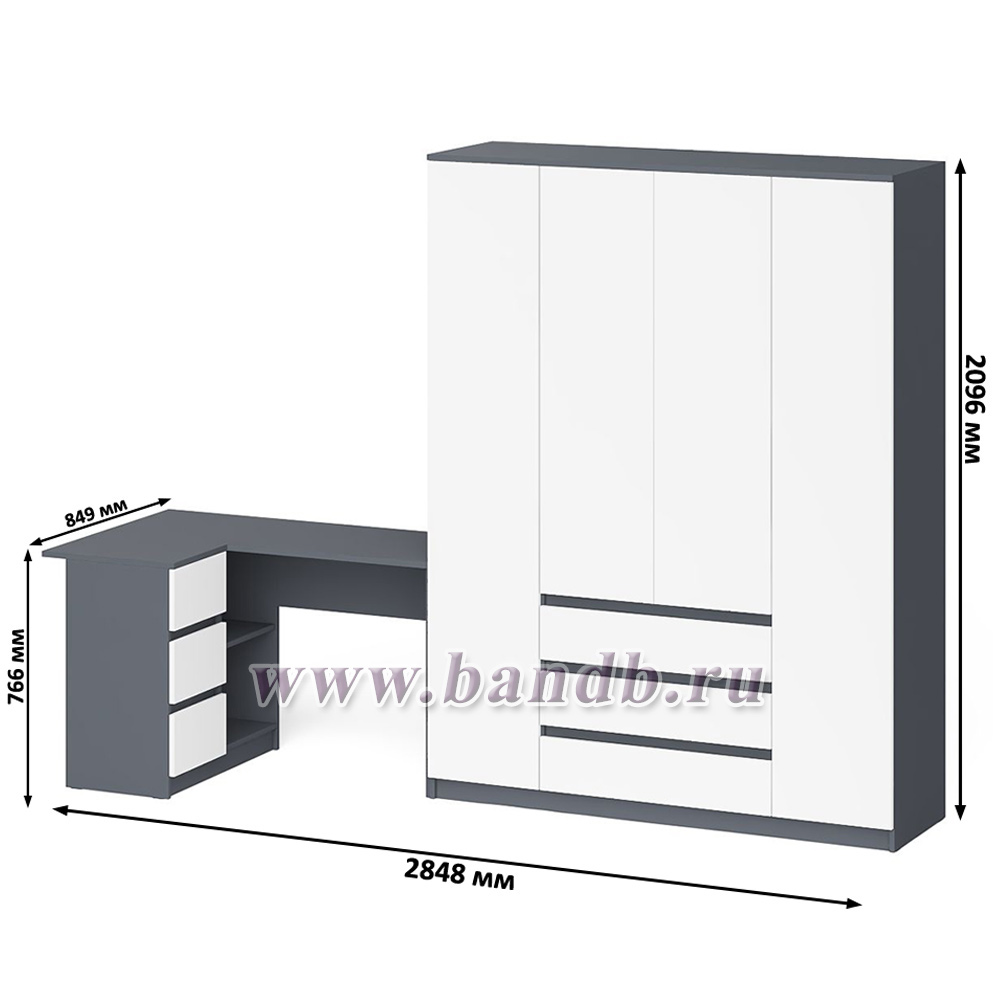 Стол компьютерный угловой с тумбой слева и шкаф 1600 Мори цвет графит/белый Картинка № 9