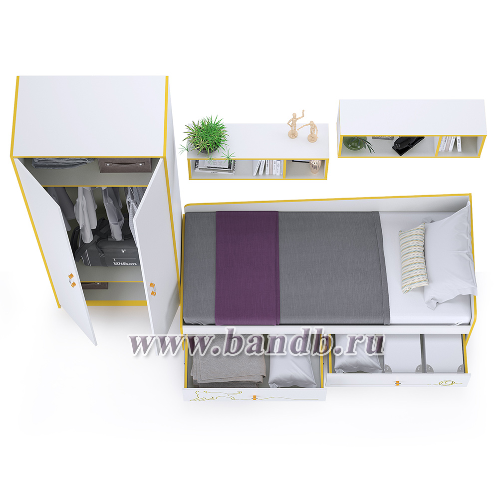 Мебель для детской комнаты Альфа № 33 с детской кроватью цвет солнечный свет/белый премиум Картинка № 4