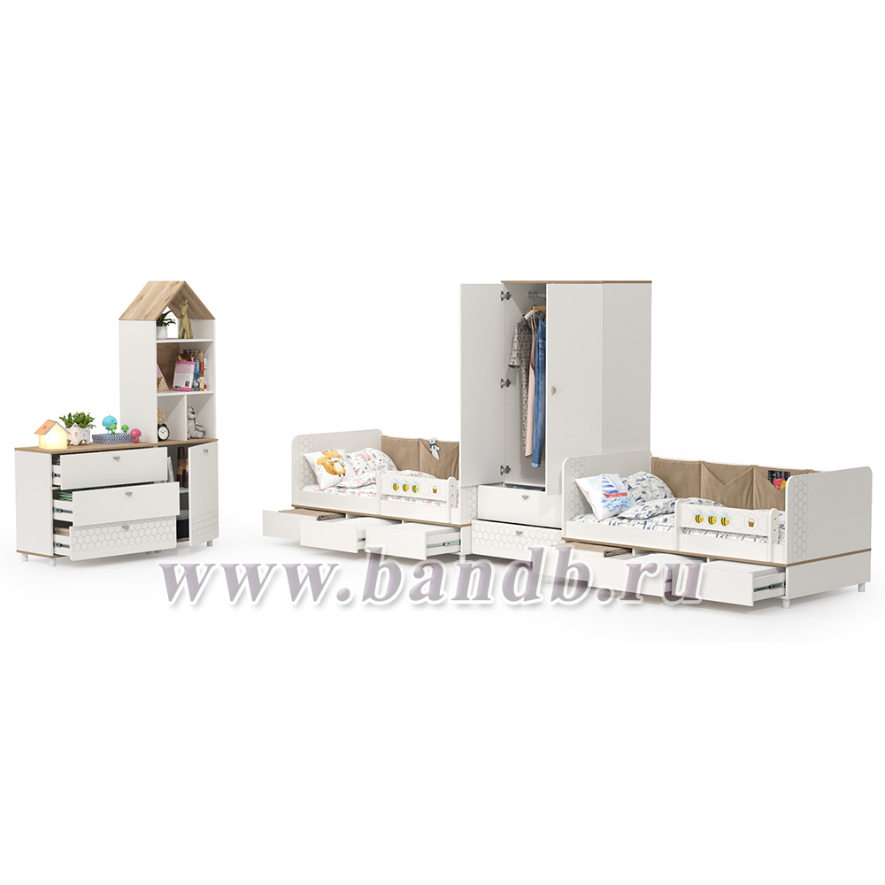 Мебель для детской комнаты с кроватями для двоих детей Эйп цвет белый/дуб белый Картинка № 2
