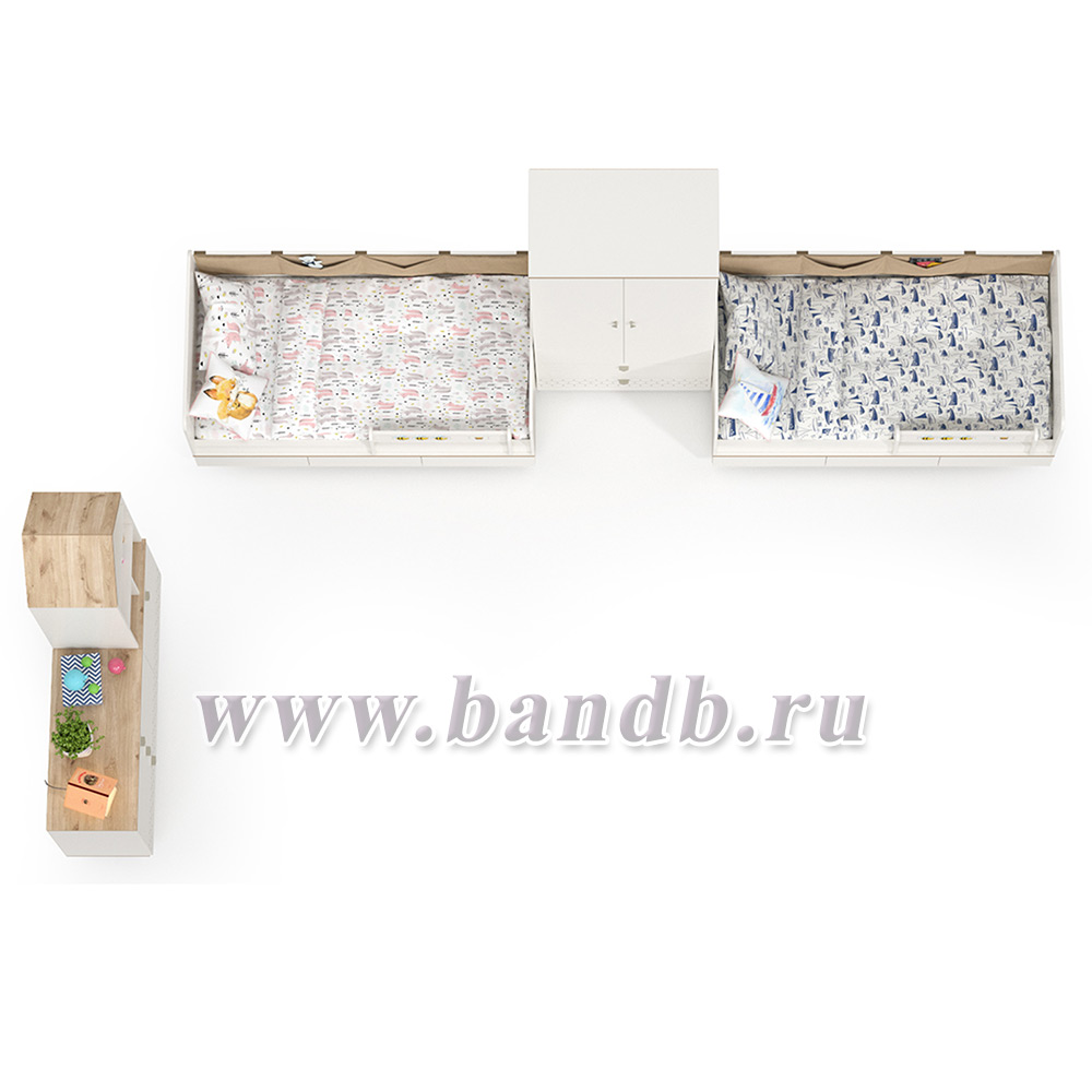Мебель для детской комнаты с кроватями для двоих детей Эйп цвет белый/дуб белый Картинка № 3