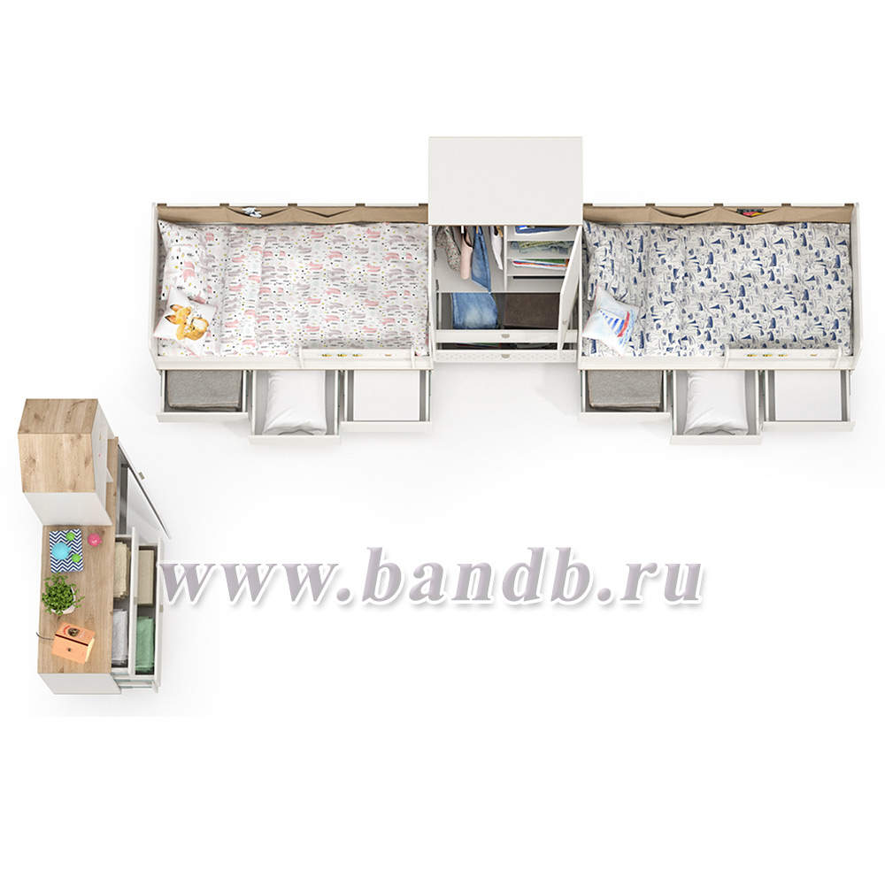 Мебель для детской комнаты с кроватями для двоих детей Эйп цвет белый/дуб белый Картинка № 4