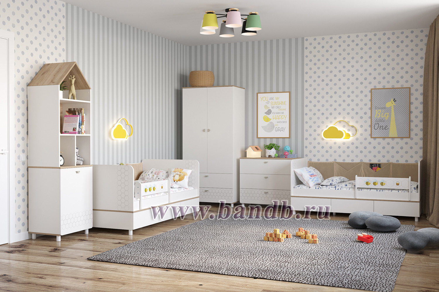 Мебель для детской комнаты с кроватями для двоих детей Эйп цвет белый/дуб белый Картинка № 9