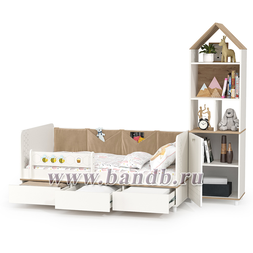 Кровать детская с тремя ящиками и открытый детский стеллаж Эйп цвет белый/дуб белый Картинка № 2