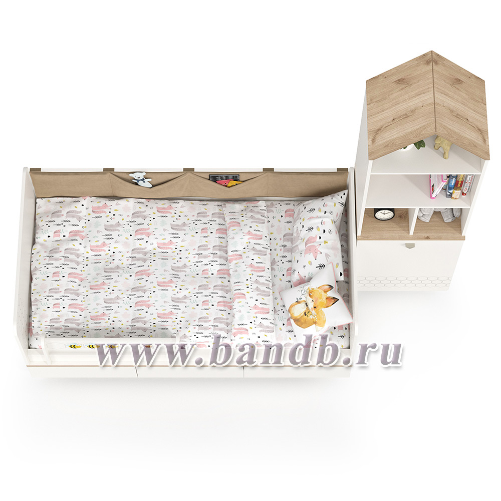 Кровать детская с тремя ящиками и открытый детский стеллаж Эйп цвет белый/дуб белый Картинка № 3