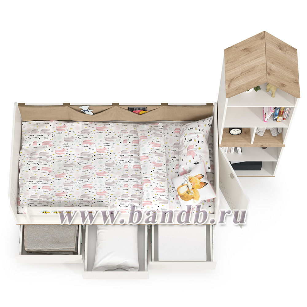 Кровать детская с тремя ящиками и открытый детский стеллаж Эйп цвет белый/дуб белый Картинка № 4