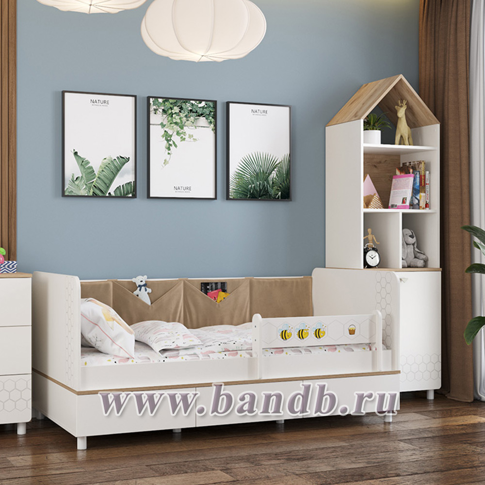 Кровать детская с тремя ящиками и открытый детский стеллаж Эйп цвет белый/дуб белый Картинка № 9