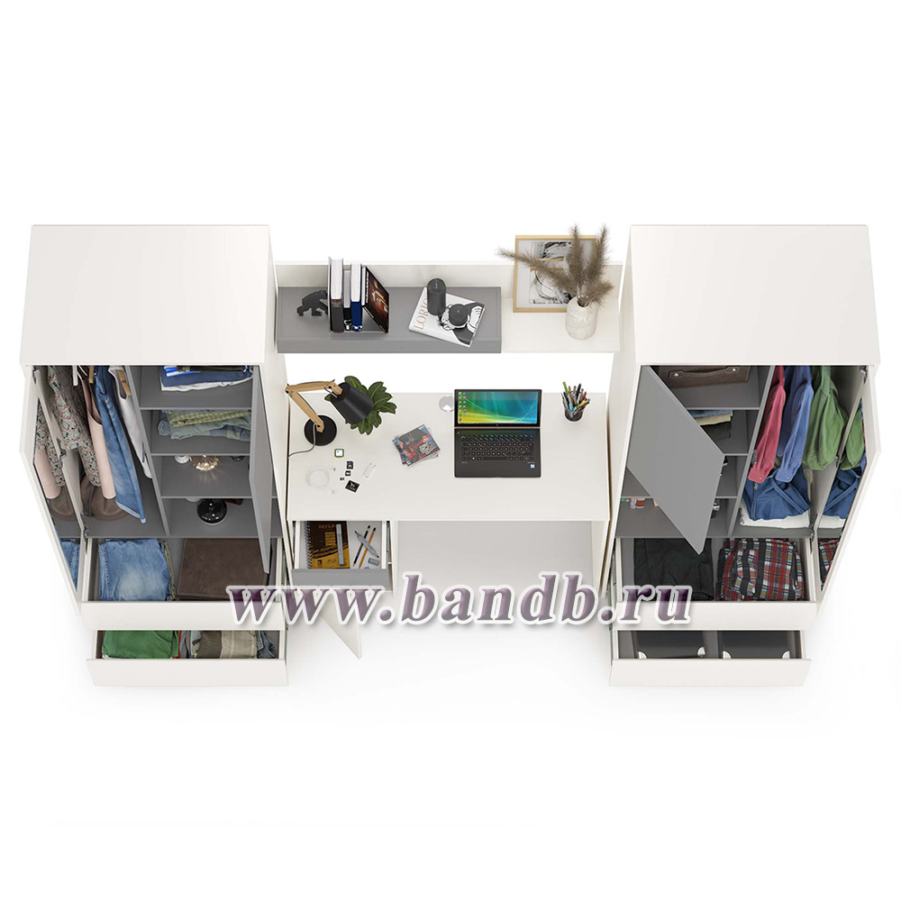 Стол компьютерный с двумя шкафами и навесной полкой Торонто цвет белый шагрень/стальной серый Картинка № 4