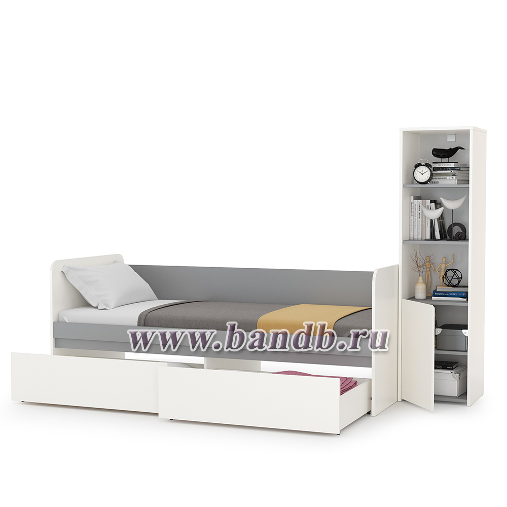 Кровать с ящиками Торонто со стеллажом цвет белый шагрень/стальной серый Картинка № 2