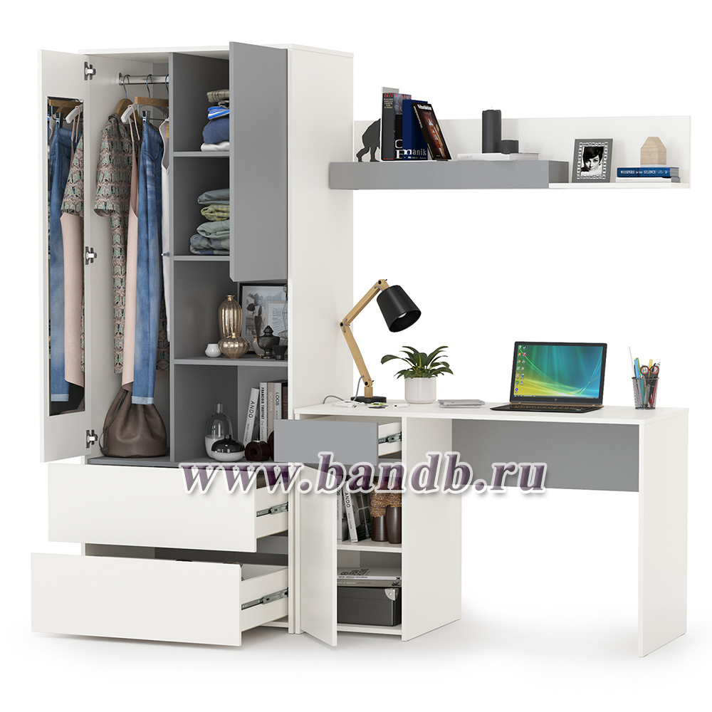Рабочий стол с полкой и шкафом для одежды Торонто цвет белый шагрень/стальной серый Картинка № 2