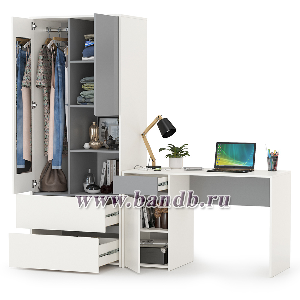Стол рабочий со шкафом для одежды Торонто цвет белый шагрень/стальной серый Картинка № 2